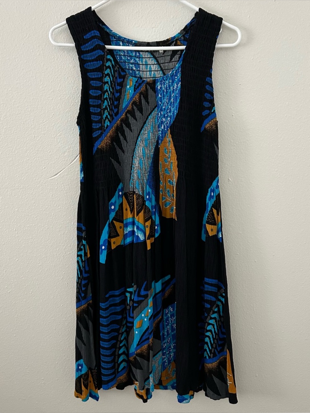 Vasna Smocked Crinkle Pleated Sleeveless Dress Size S Black Blue Boho Artsy